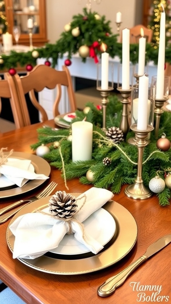 Christmas table setting with DIY napkin holders made from twine and pinecones.